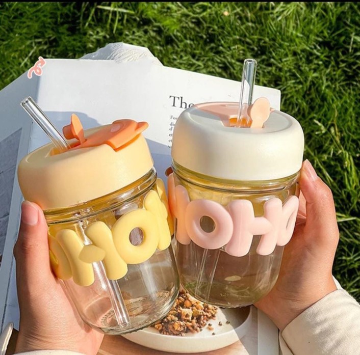 Trendy Pearl Handle Glass Water Bottle with Straw