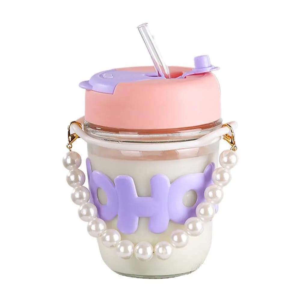 Trendy Pearl Handle Glass Water Bottle with Straw