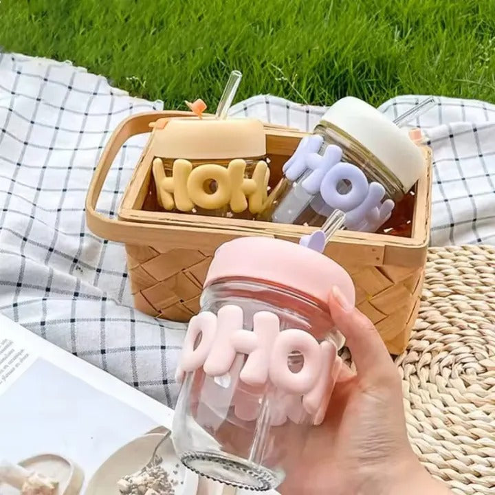 Trendy Pearl Handle Glass Water Bottle with Straw