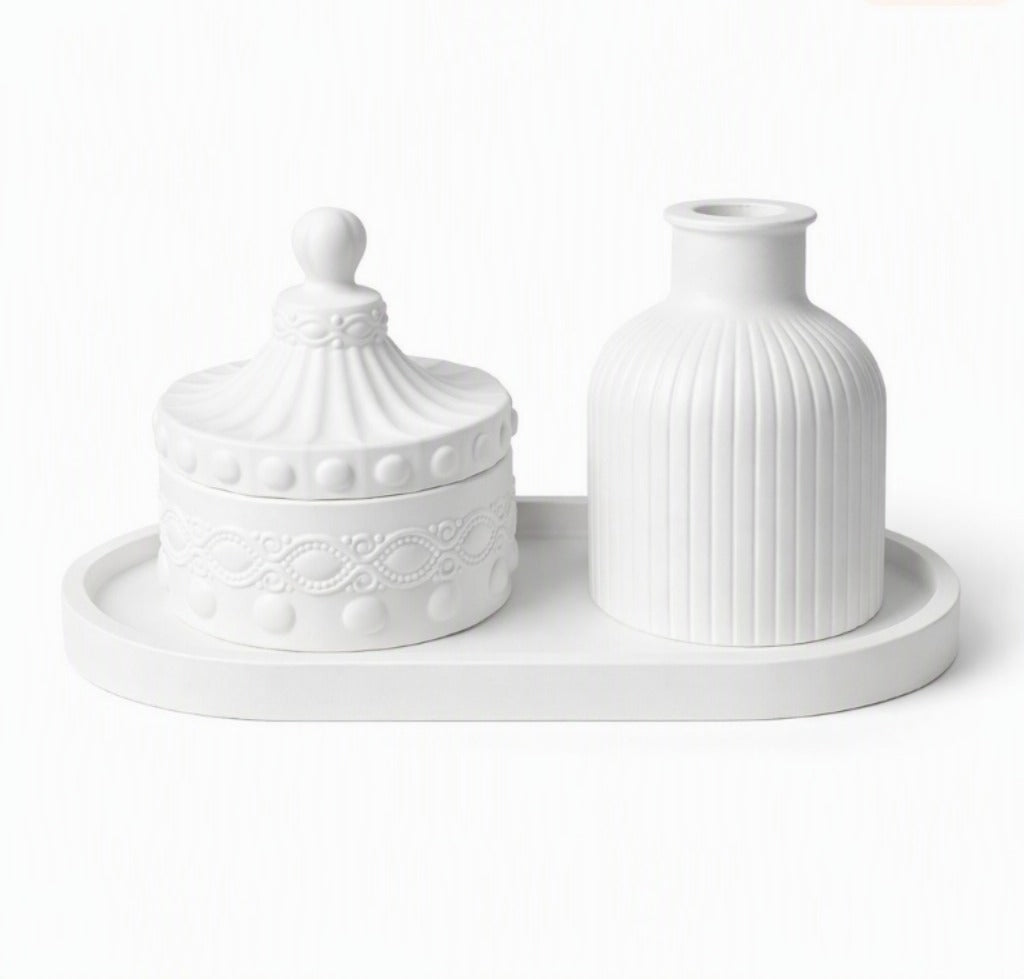 Aesthetic 3-Piece Organizer & Home Decor Set with Oval Tray, Mini Vase & Decorative Storage Box | Vanity, Coffee Table & Bedroom Decoration