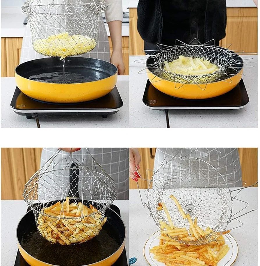 Stainless Steel Foldable Frying Basket - Collapsible Kitchen Chef Basket